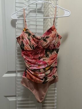 Express Pink Floral Ruched Bodysuit (padded)